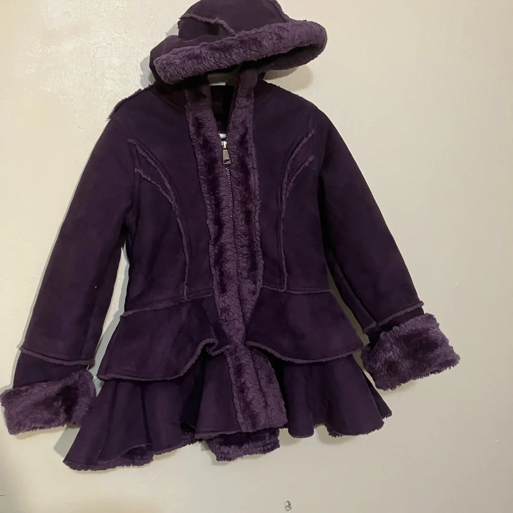 Hawk & Co faux fur lined faux suede girls ruffle coat size 5